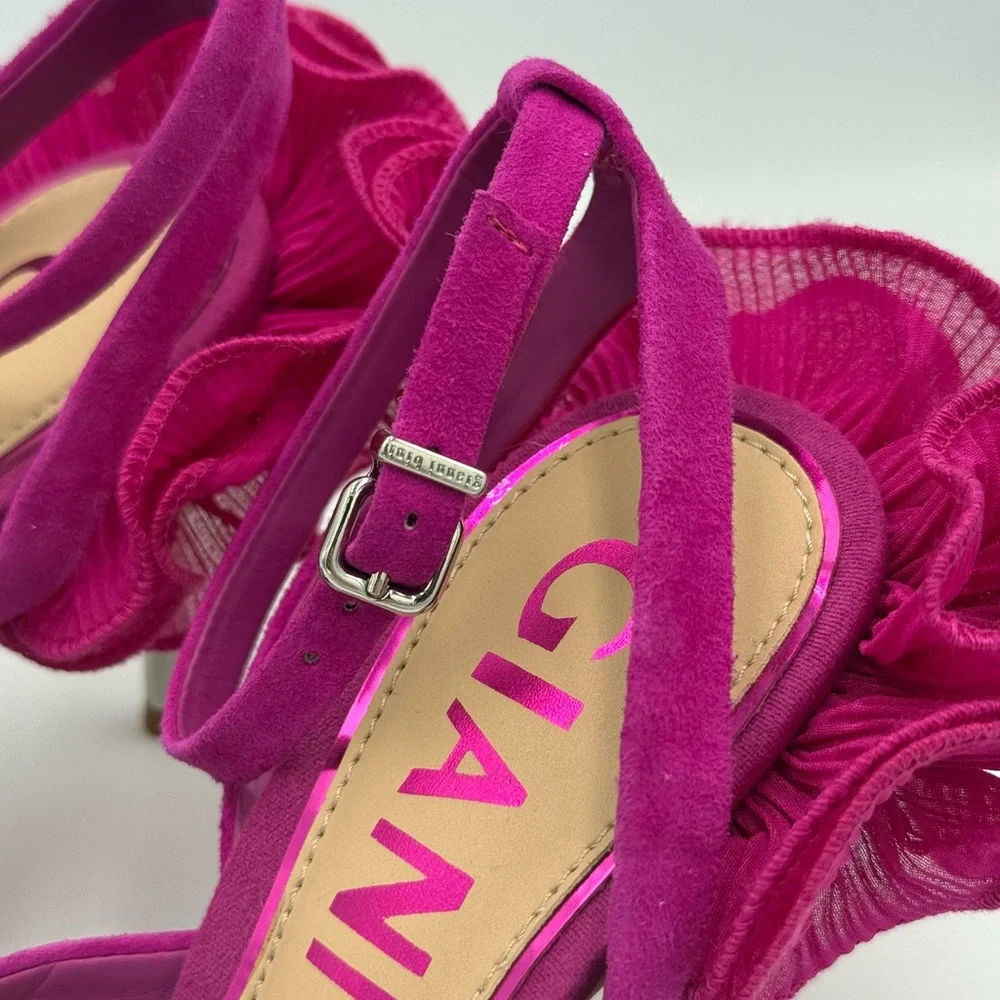 Gianni Bini Suede “Bradley” Fuchsia Ruffle Ankle Strap Heels - Picture 8 of 9